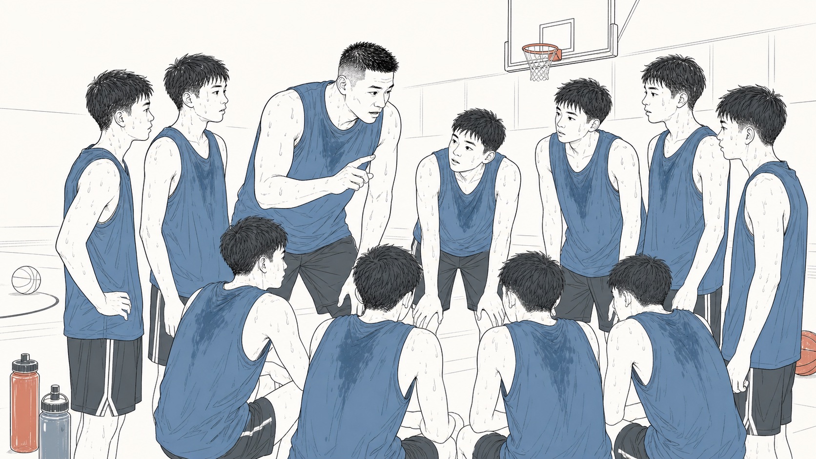 Asian basketball coach mentoring high-school boys wearing matching training tanks at a Shanghai camp