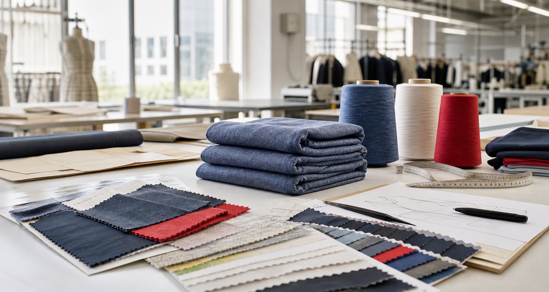 Fabric swatches, thread cones, patterns, and folded textiles on a product-development table inside an apparel studio