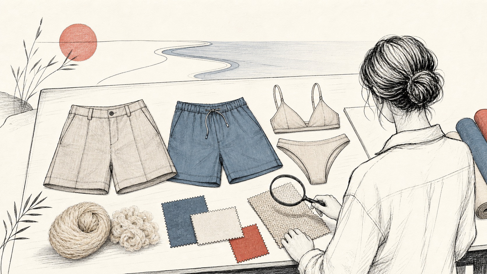 Natural-fiber walk shorts, board shorts, wool bikini, yarn and fabric swatches on a product-development table