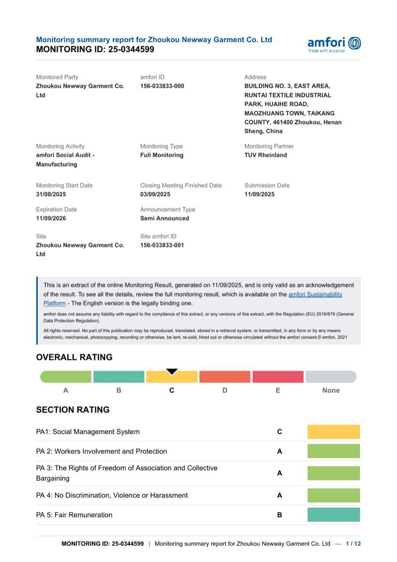 First page of NewWay's amfori BSCI Monitoring Report 2025