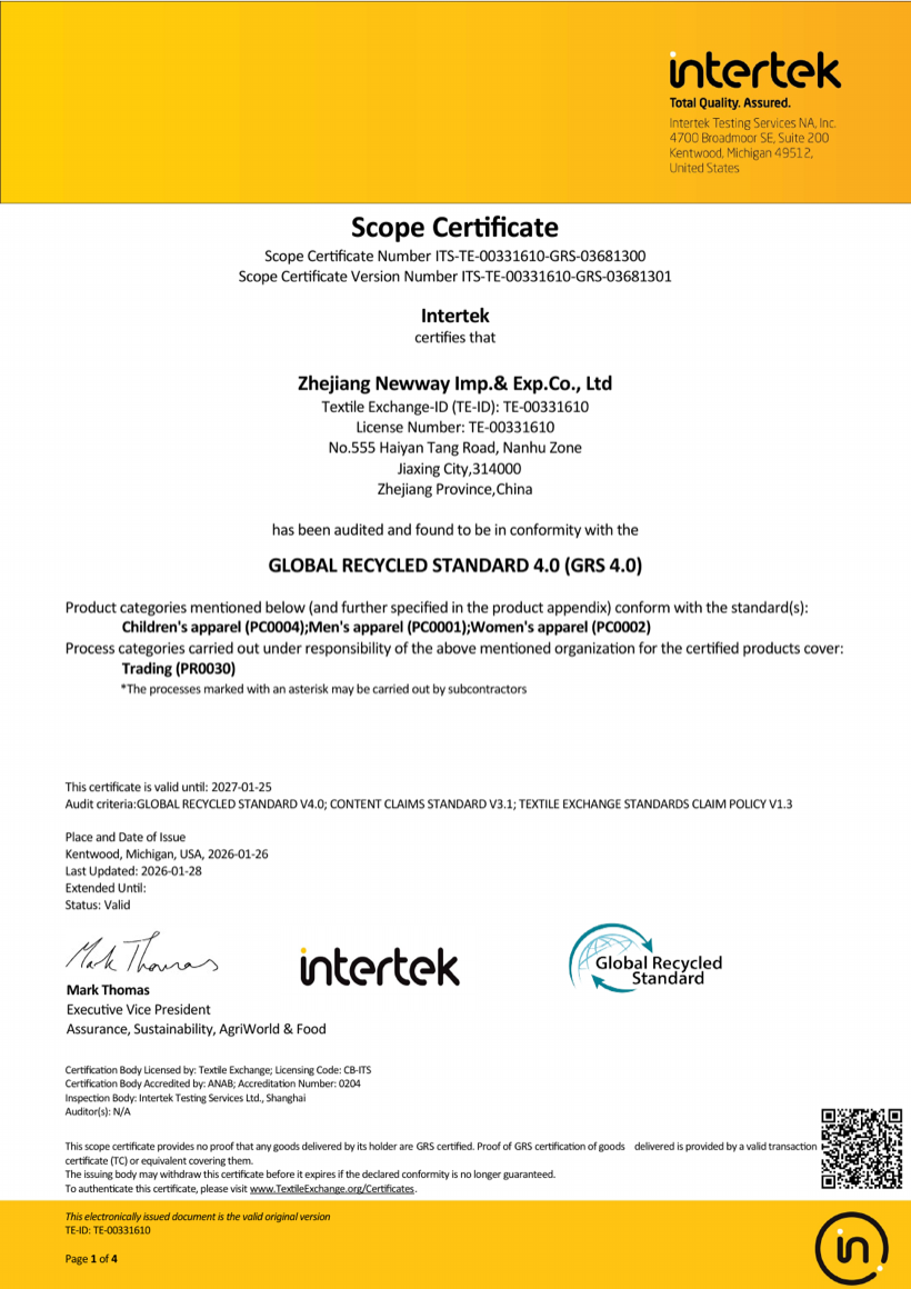 First page of NewWay's GRS 4.0 Scope Certificate issued by Intertek
