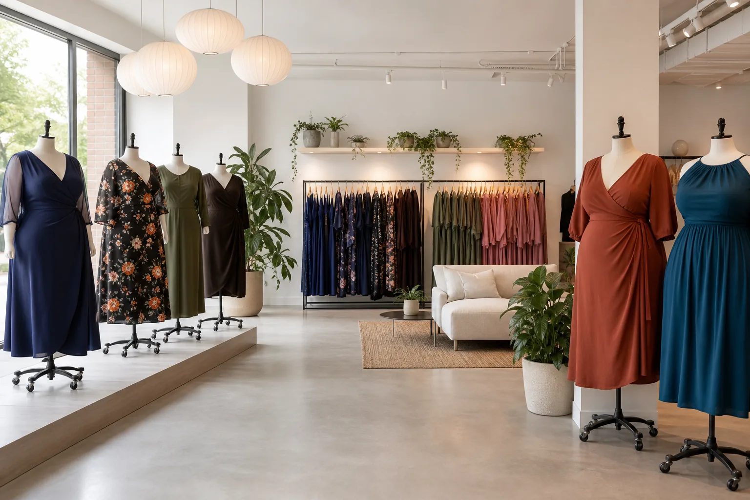 NewWay plus-size fashion showroom — extended-size dresses on display