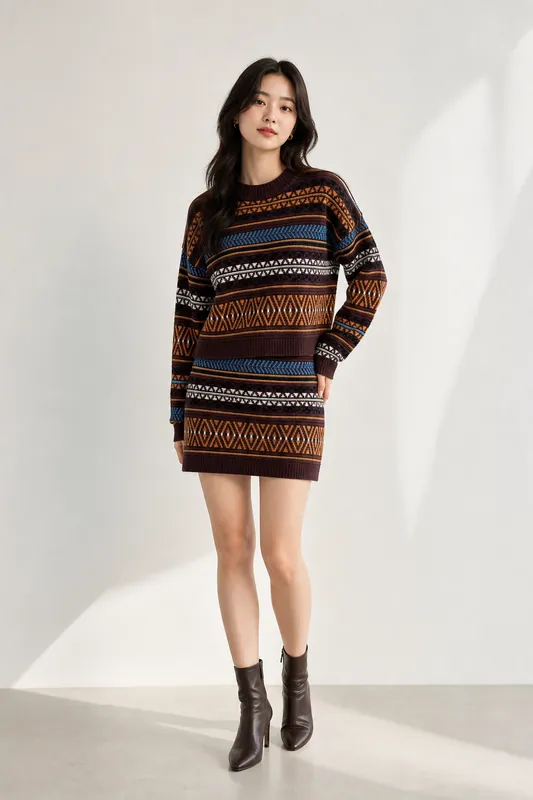 Brown/blue/orange Fair Isle Sweater Skirt Set