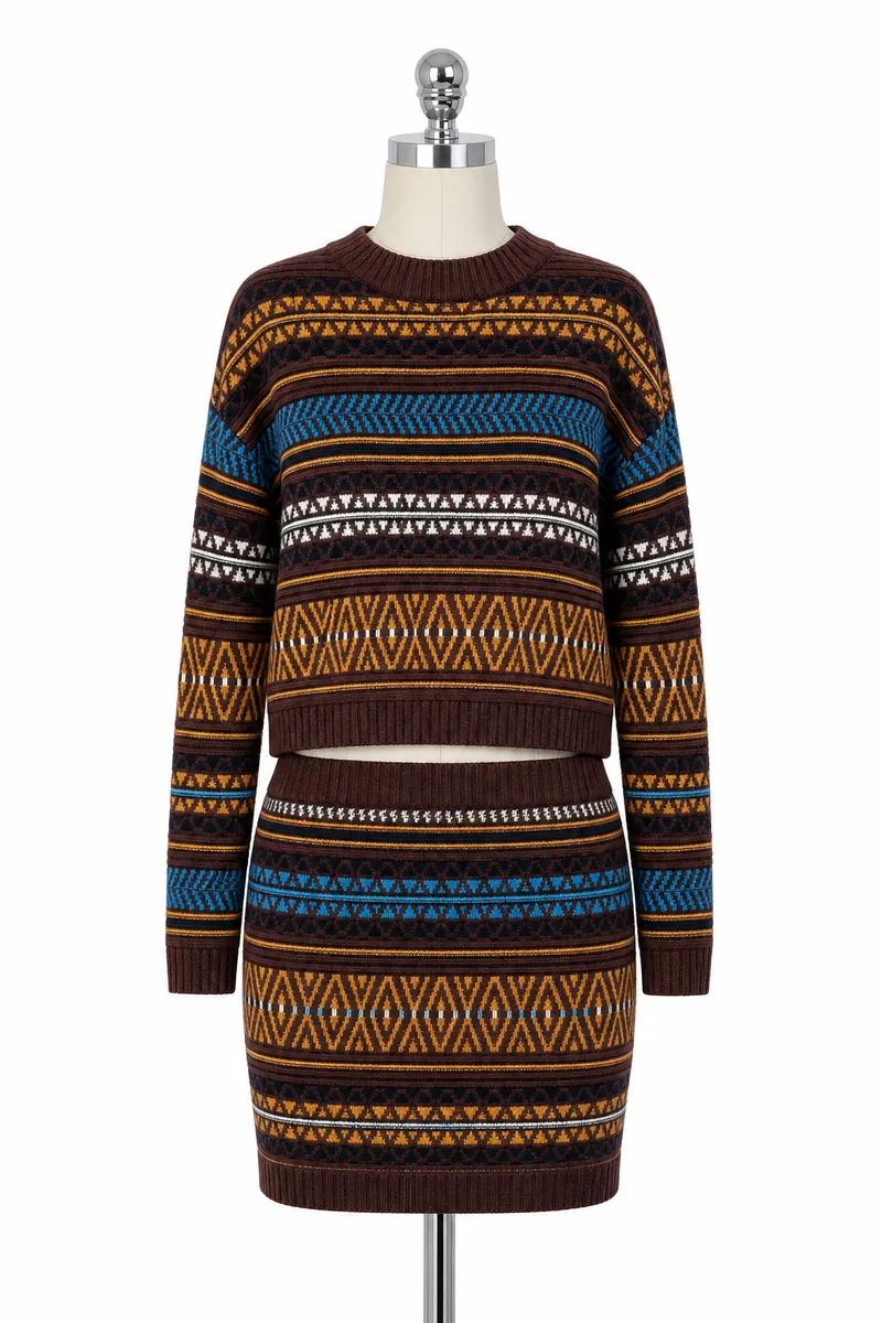 Brown/blue/orange Fair Isle Sweater Skirt Set — view 1