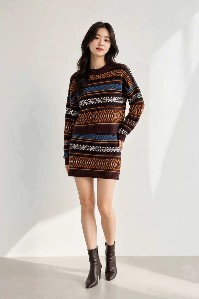 Brown/blue/orange Fair Isle Sweater Skirt Set — view 2