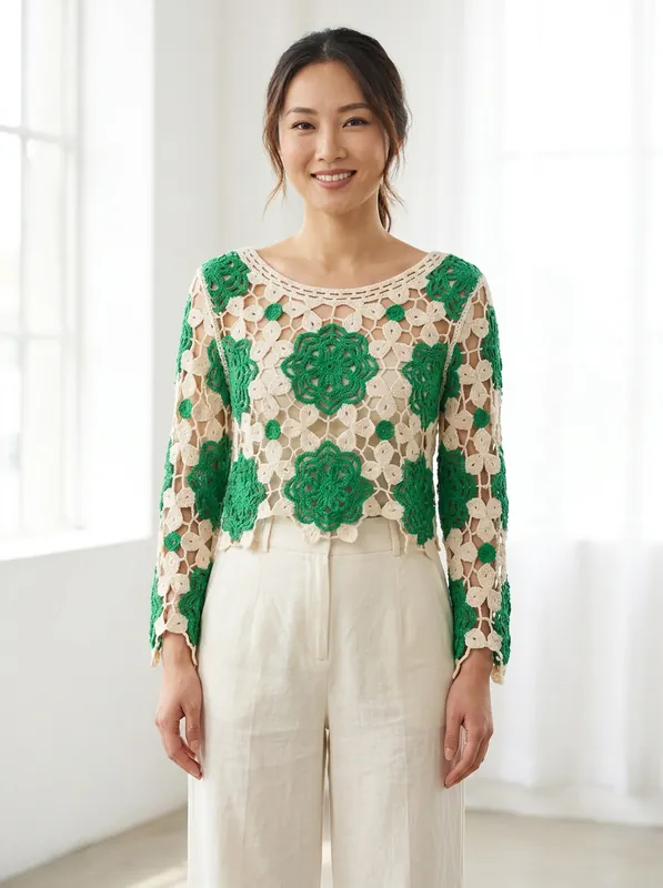 Green And White Crochet Top