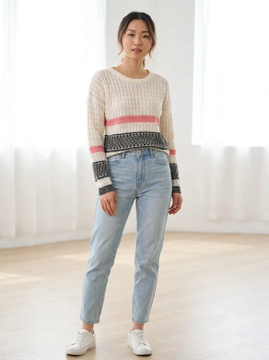 White/pink/black Striped Knit Top — view 2